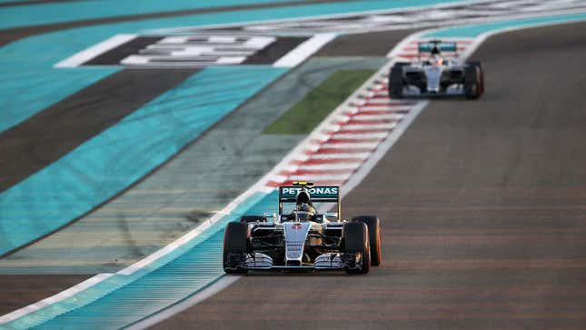 A photo of Nico Rosberg racing his Mercedes F1 car. 